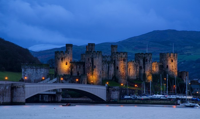 Conwy Castle at Night with Bridge and River