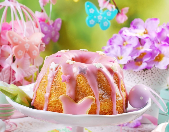 Easter Bundt Cake with Pink Icing and Butterfly Decorations