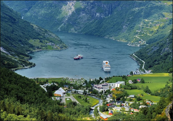 Geiranger Fjord, Norway with Cruise Ships and Village