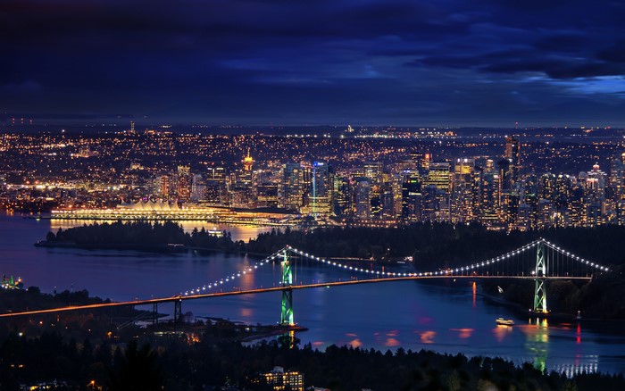 Vancouver skyline and Lions Gate Bridge at night