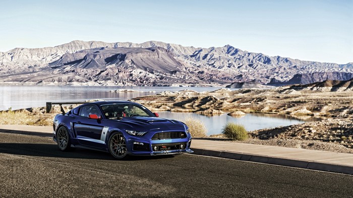 4K Blue Ford Mustang Roush Stage 3 by a Lake