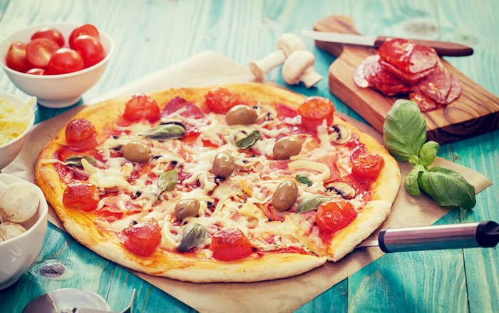 Pizza with Tomatoes, Olives, and Salami