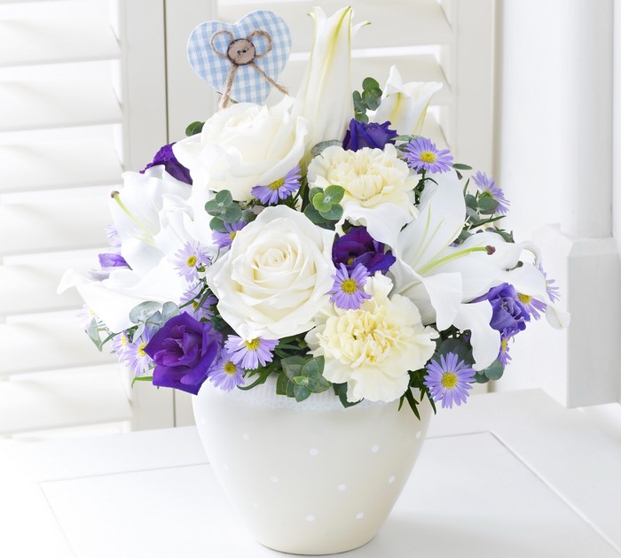 White Roses and Lilies Bouquet in Polka Dot Vase