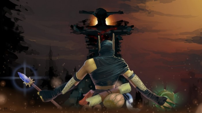 Shadow Shaman from DOTA 2 facing a giant monster