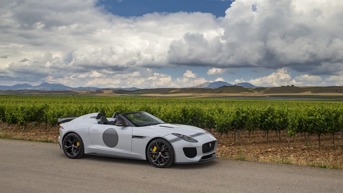 White Jaguar F-Type Project 7 Cabriolet in Vineyard