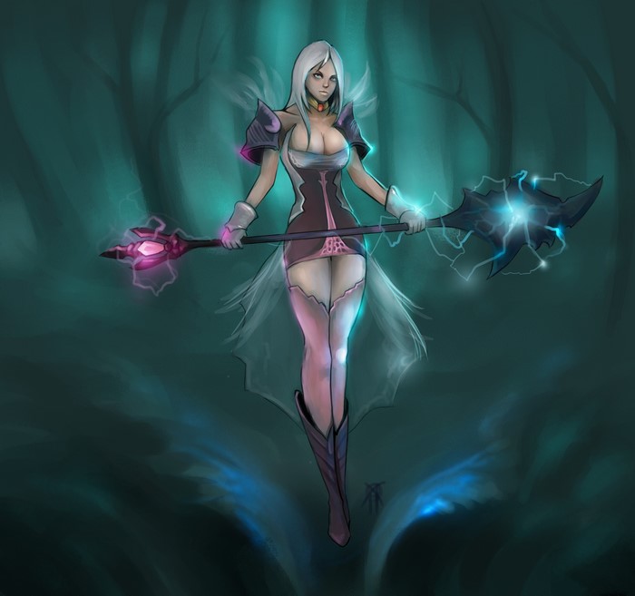 Woman with magic staff in dark forest