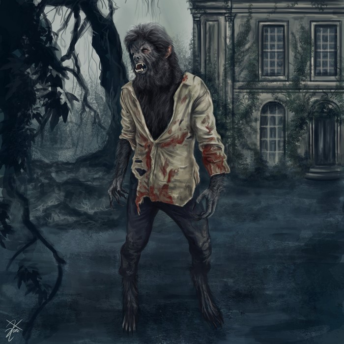 Werewolf in front of a haunted mansion