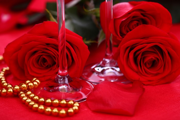Red Roses with Gold Beads and Wine Glasses