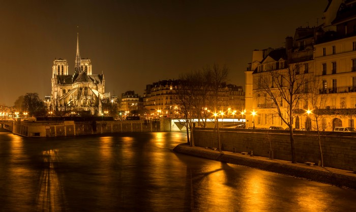 Notre Dame Cathedral and Seine River at Night, Paris