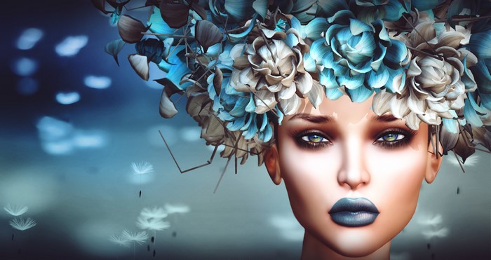 Woman with Blue and Tan Flower Headdress