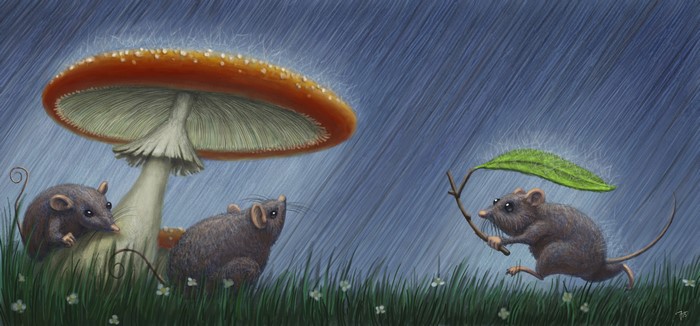 Mice under a mushroom in the rain