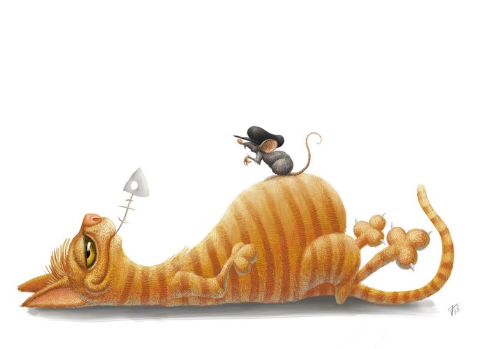 Orange Cat with Fishbone and Mouse in Hat