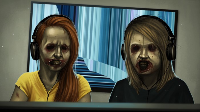 Two zombies wearing headphones in front of a TV