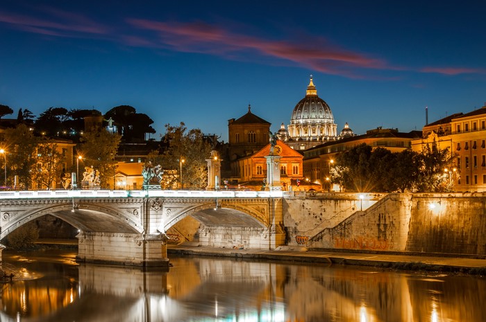 Rome at Night: Bridge, River, and St. Peter's Basilica