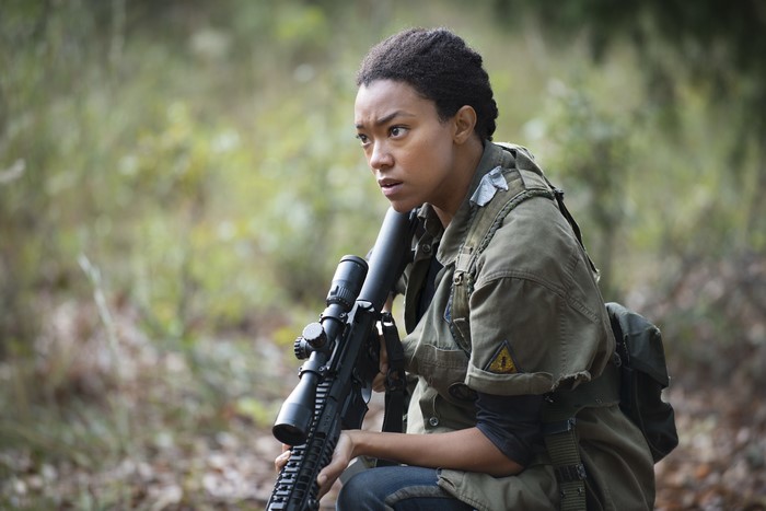 Sonequa Martin-Green as Sasha from The Walking Dead with a sniper rifle