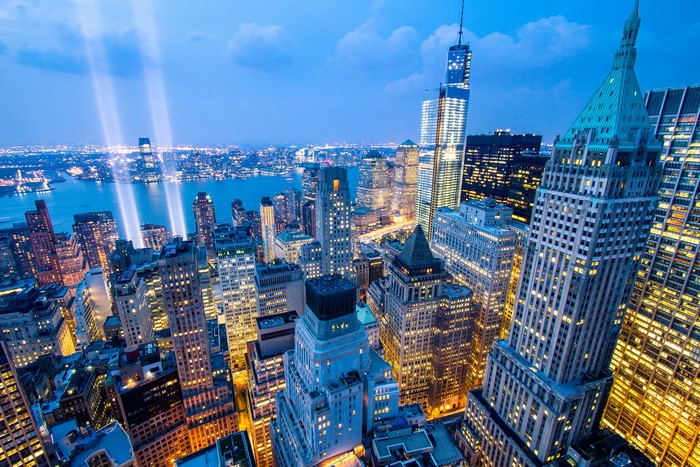 New York City skyline with tribute in light at night