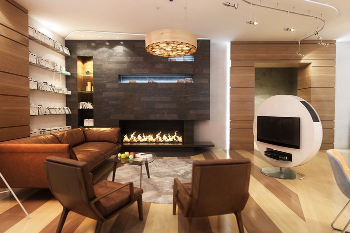Modern living room with fireplace and leather furniture