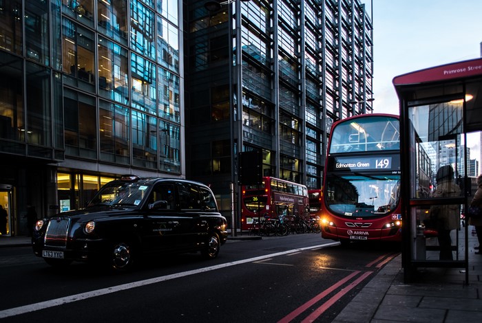 London Street with Black Cab and Red Bus