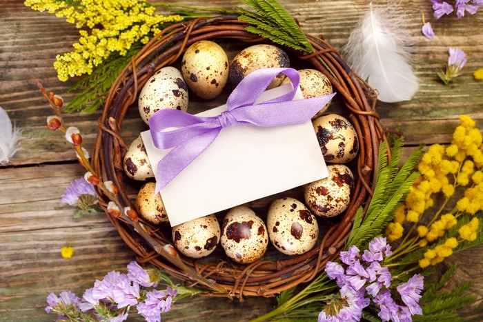 Easter nest with quail eggs and flowers