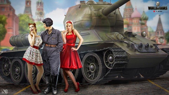 T-34-85 Tank with two women and a soldier