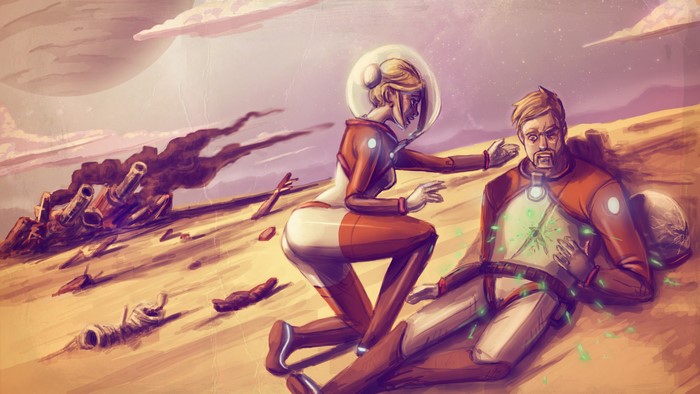 Astronauts on a Desert Planet with Crashed Spaceship