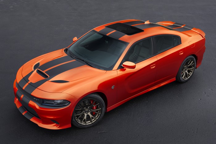 Orange Dodge Charger SRT Hellcat with Black Stripes