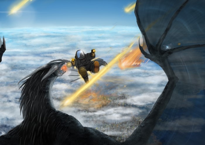Astronaut fighting dragons above a city