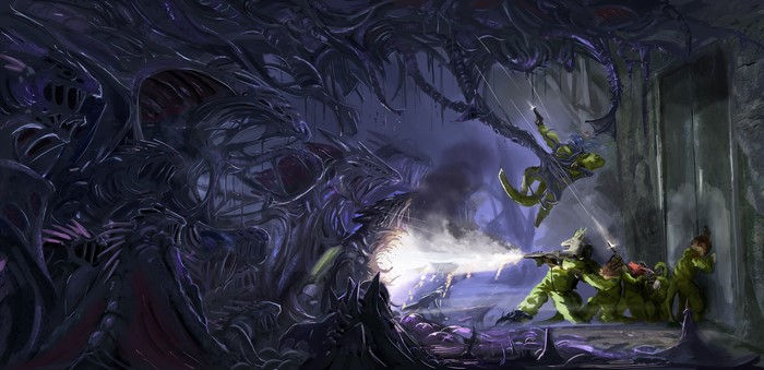 Soldiers battling alien monsters in a dark cavern