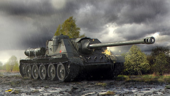 SU-100 tank in World of Tanks during a rainstorm