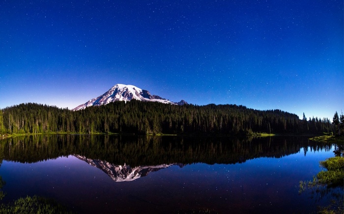 Mount Rainier reflected in a lake at night
