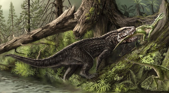 Postosuchus attacking a dinosaur in a prehistoric forest