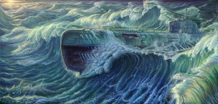 Type XXI submarine in stormy seas painting