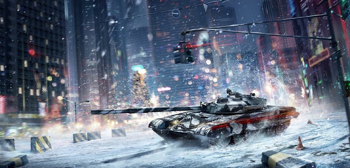 Tank in a snowy city at night