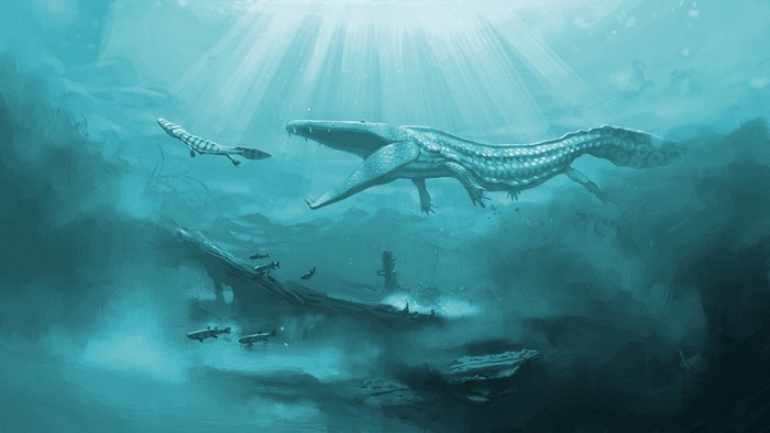 Mastodonsaurus swimming underwater with fish