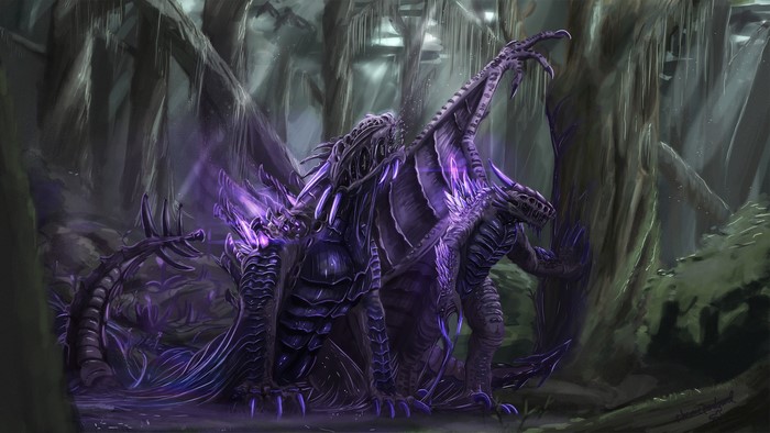 Two purple dragons in a dark forest