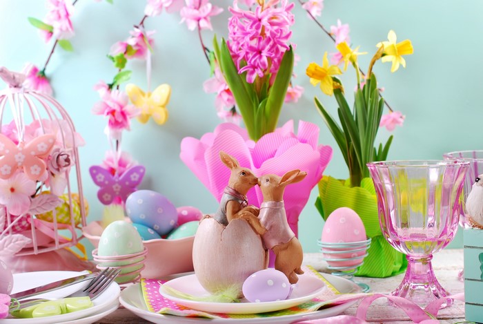 Easter Table Setting with Hyacinths and Daffodils