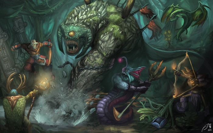 DOTA 2 characters fighting a large monster