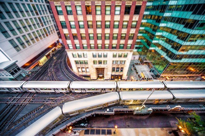 Trains on elevated tracks in Chicago city