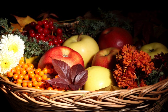 Basket of Apples, Berries, and Flowers
