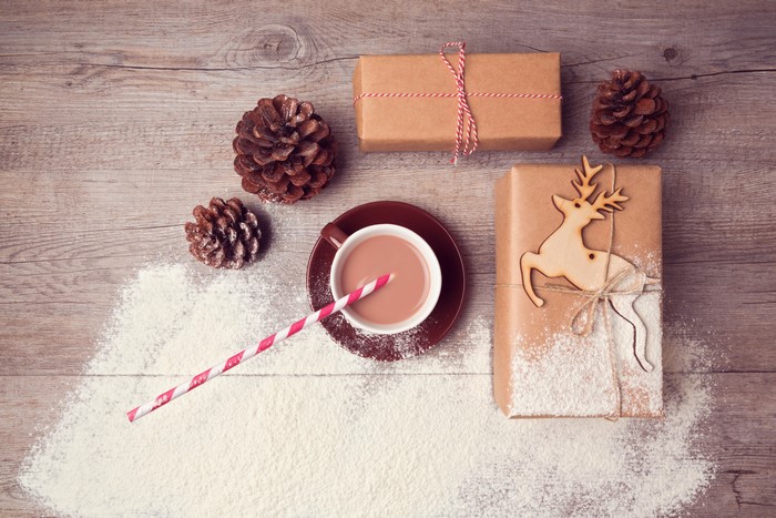 Christmas Gifts, Pine Cones, and Hot Chocolate
