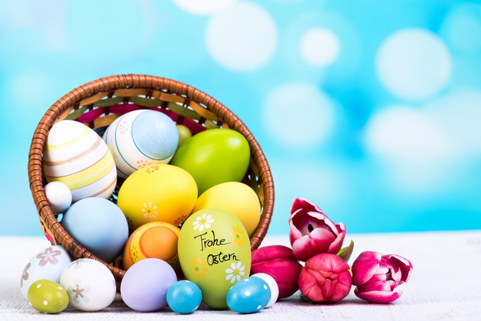 Easter Eggs and Tulips in a Basket