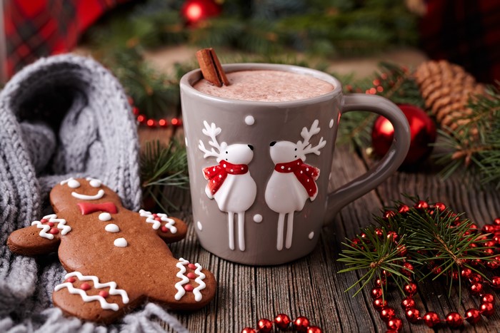 Christmas mug with hot chocolate and gingerbread cookie
