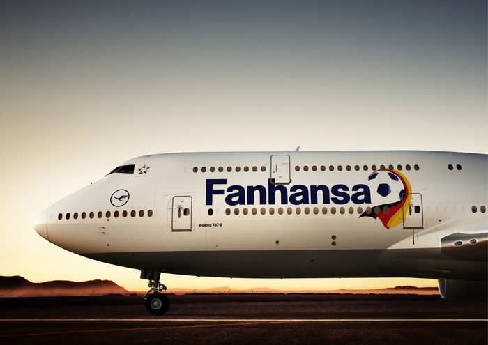 Lufthansa Fanthansa Boeing 747-8 Airplane with Soccer Ball
