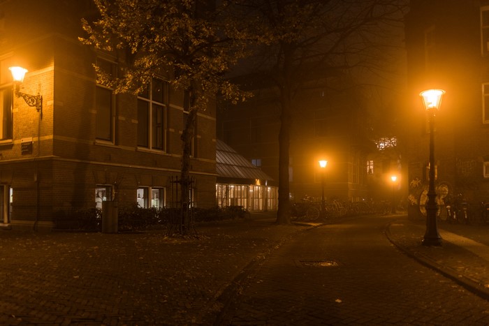 Street lights illuminate a foggy street at night in the Netherlands