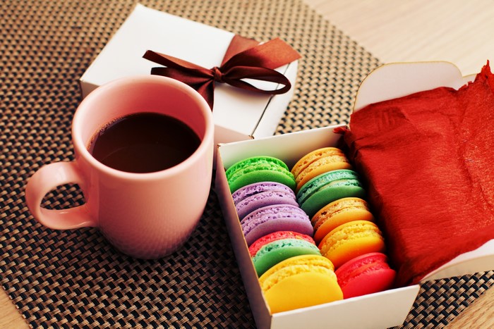 Coffee mug and macarons with gift box