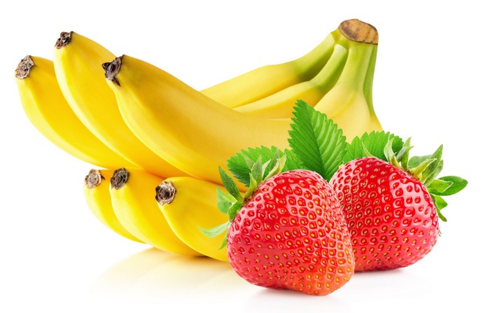 Bananas and Strawberries with Green Leaves