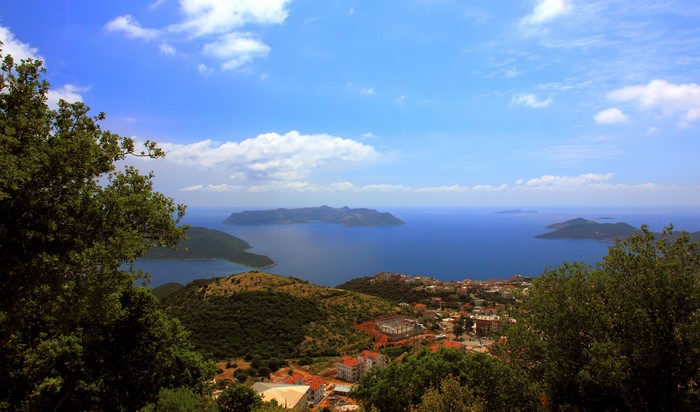 View of Kalkan, Turkey with islands in the sea