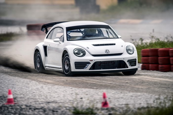 White Volkswagen Beetle GRC Rally Car in Motion