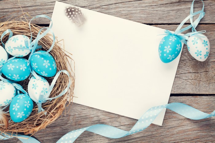 Easter Eggs in Nest with Blank Card and Feather