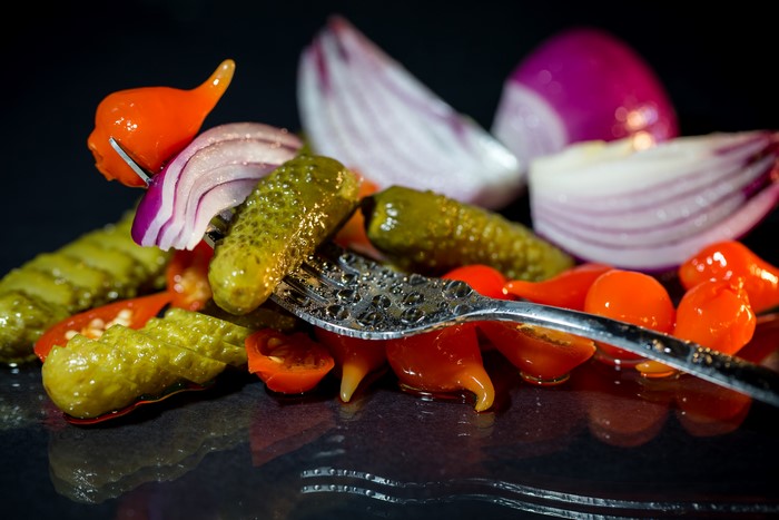 Pickles, Peppers, and Onions on a Fork